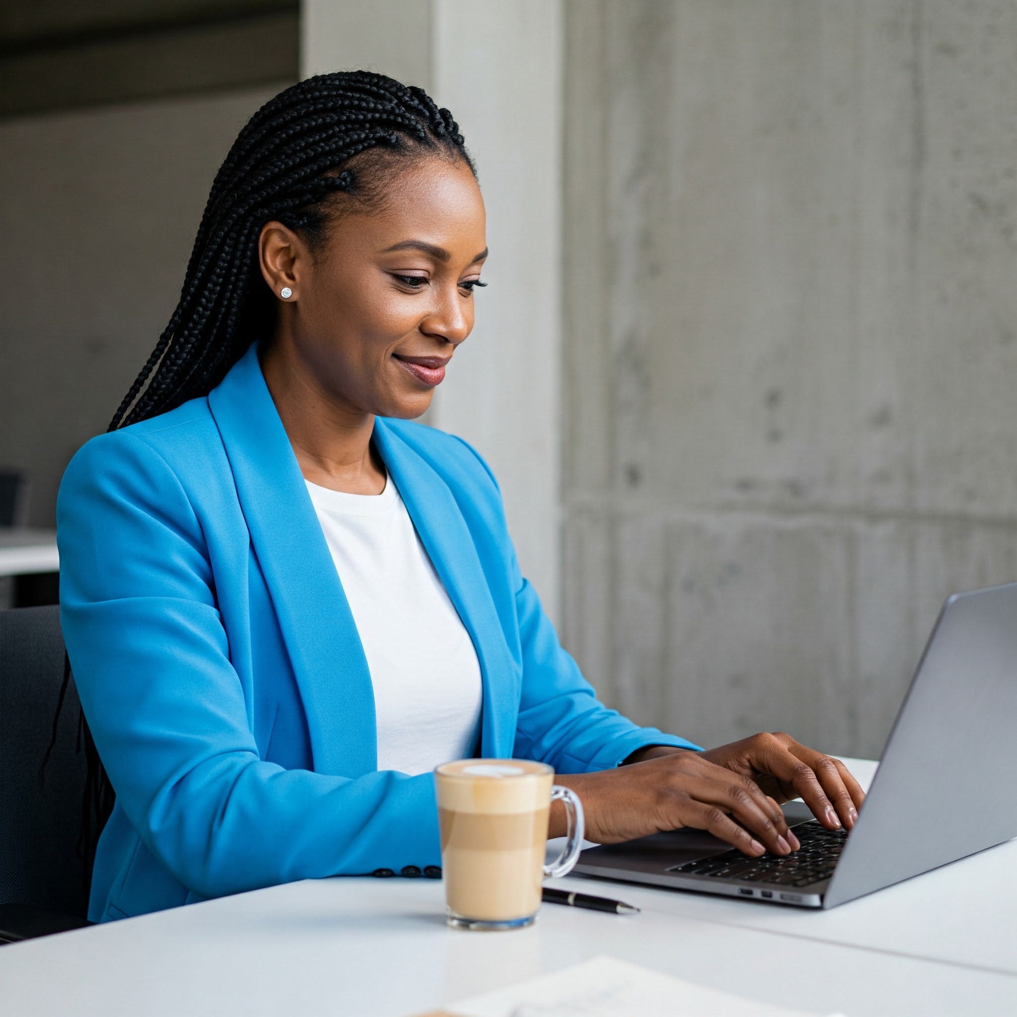 A woman wearing a sky blue blazer works at her laptop, smiling contently with a cup of coffee on the table.